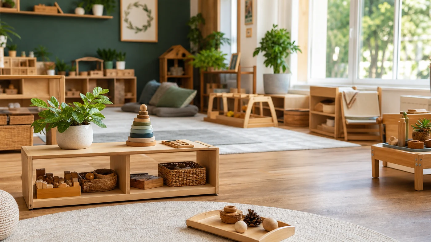 Vue d’ambiance d’un espace avec des jeux et du mobilier en bois